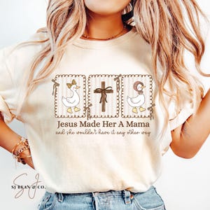 Women's Graphic Tee, Mother's Day Shirt, Jesus and She Mama, Trendy Beige T-Shirt, Gift for Mom