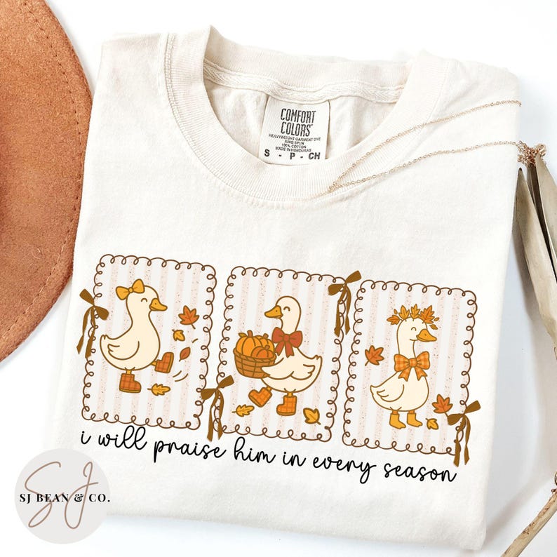 Cute fall-themed PNG trio of cartoon geese in boots and bows surrounded by leaves and pumpkins, styled with coquette ribbons and a cozy autumn color palette.