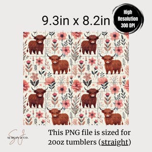 Highland Cow and Floral Pattern PNG File for 20oz Tumblers, High Resolution Digital Download