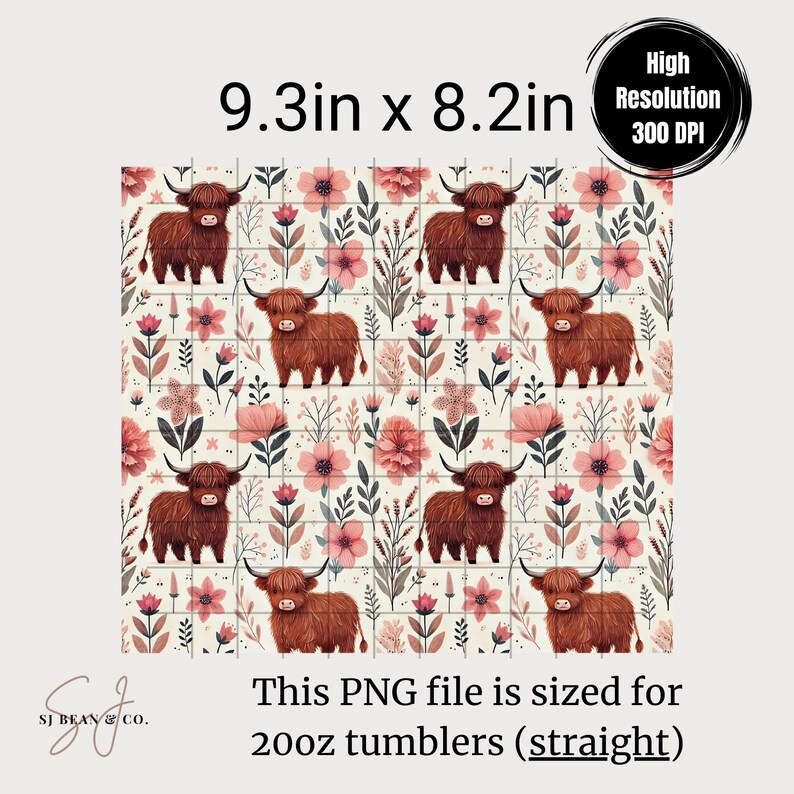 Highland Cow and Floral Pattern PNG File for 20oz Tumblers, High Resolution Digital Download