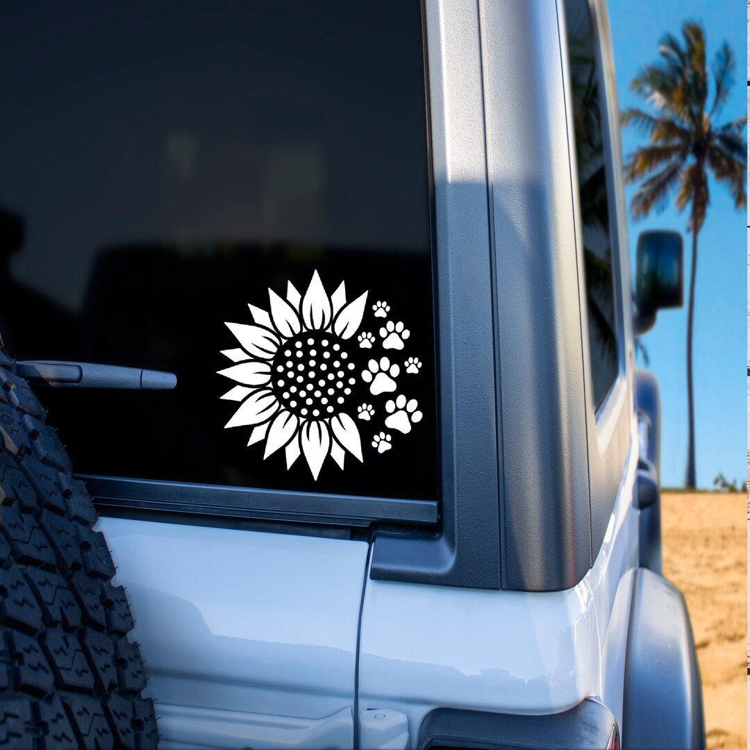 Dog Paw Print Sunflower Vinyl Car Decal, Paw Print Decal, Sunflower Car