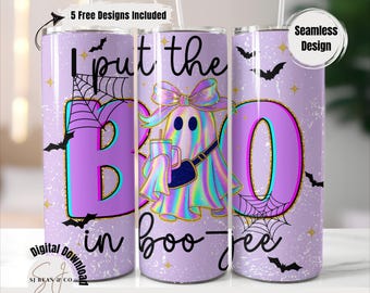 I Put The Boo in Boujee Ghost Tumbler Wrap PNG, Iridescent Ghost Coquette Halloween 20oz Skinny Tumbler Sublimation, Spooky Season Tumbler