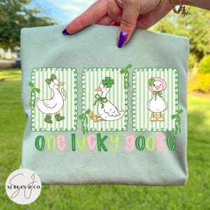 Puede incluir: Una camiseta verde claro con tres gansos de dibujos animados en marcos a rayas verdes y blancas. Cada ganso tiene un tema del D&iacute;a de San Patricio. El texto "One Lucky Goose" est&aacute; debajo de los gansos en verde y rosa.