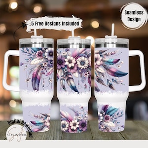 Pastel Flower Wrap for 40oz Tumbler, Purple Pastel Boho Floral PNG Tumbler Design, Feather Sublimation Designs Downloads for 40 oz Tumbler