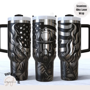 May include: A black and silver 1.13-litre tumbler with a firefighter design. The design features an American flag, a firefighter in a helmet and mask, and flames. The tumbler has a black handle and a white lid.