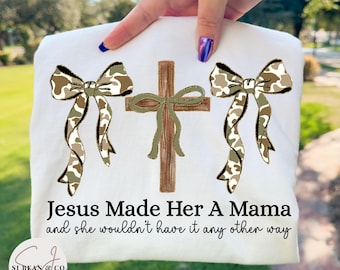Camo Coquette Christian Mama PNG, Jesus Made Her A Mama PNG, Duck Camo Pattern Shirt Sublimation Design, Christian Hunting Camo Mama Png