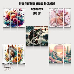 Colorful Tumbler Wrap Designs Bundle, Seamless 300 DPI, Floral, Patriotic, Animal, Desert Scenery