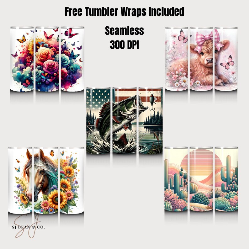 Colorful Tumbler Wrap Designs Bundle, Seamless 300 DPI, Floral, Patriotic, Animal, Desert Scenery