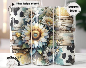 Rustic Sunflower Cow Print Tumbler Wrap, Western Boho Floral Tumbler PNG, 20oz Skinny Tumbler Sublimation, Rustic Cowgirl Digital Download