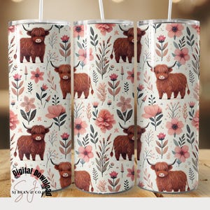 Highland Cow Floral Tumbler, Rustic Farmhouse Insulated Cup, Gift for Animal Lovers, Unique Drinkware, 20 oz
