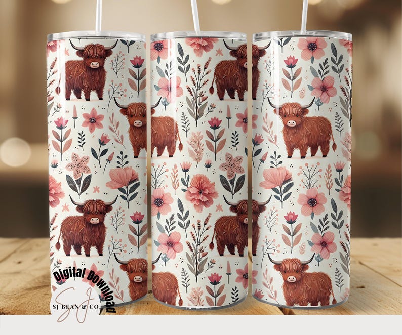 Highland Cow Floral Tumbler, Rustic Farmhouse Insulated Cup, Gift for Animal Lovers, Unique Drinkware, 20 oz