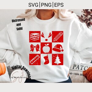 Cute Teacher Christmas Png, Retro Grid Teacher Christmas Sublimation Shirt Png, Distressed Christmas Teacher Sublimation Shirt Design