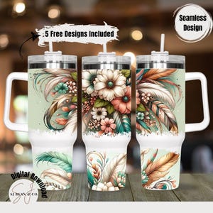 Pastel Flower Wrap for 40oz Tumbler, Green Boho Floral PNG Tumbler Design, Feather Sublimation Designs Downloads for 40 oz Tumbler