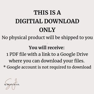 Puede incluir: Anuncio de descarga digital color crema con texto negro. El texto dice "THIS IS A DIGITAL DOWNLOAD ONLY" y detalla el proceso de entrega de archivos digitales. Incluye el logotipo de SJ Bean & Co.