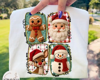 Faux Yarn Christmas PNG, Crochet Santa Gingerbread Reindeer Snowman PNG, Chunky Knit Coquette Doodle Frame Christmas Sublimation Design