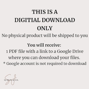 May include: A digital download notice with black text on a light background. It states: THIS IS A DIGITIAL DOWNLOAD ONLY. No physical product will be shipped to you. You will receive: 1 PDF file with a link to a Google Drive. Google account is not required.