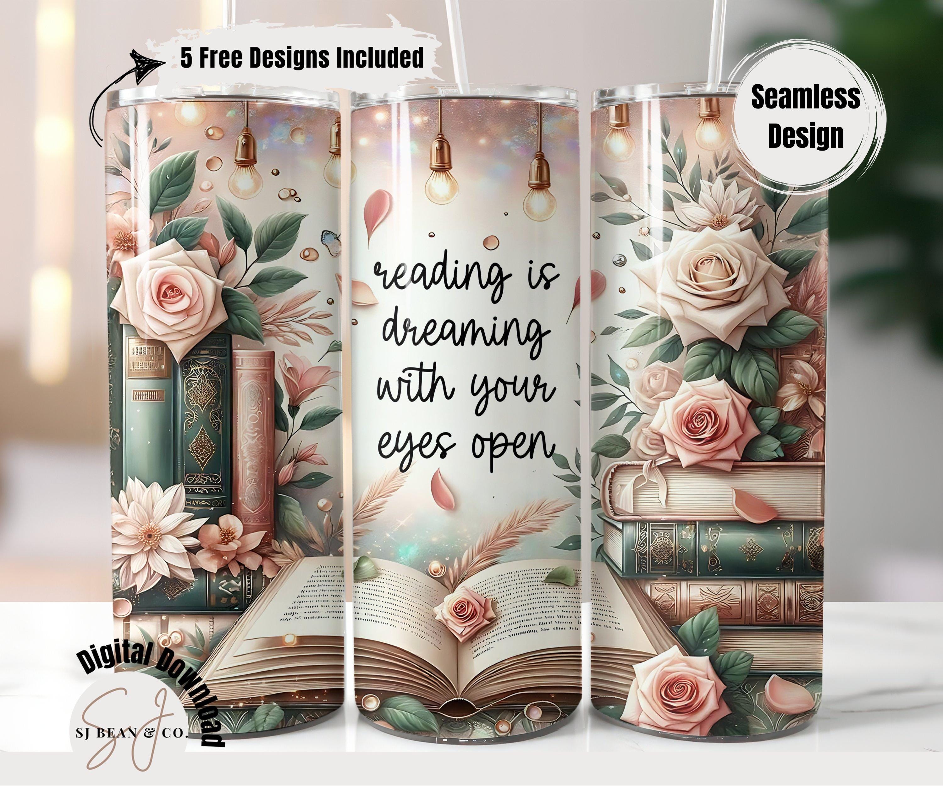 Reading Is Dreaming Tumbler Wrap, Bookish Tumbler Wrap 20oz Skinny Tumbler Sublimation Design, Floral Book Stack PNG, Book Lover Tumbler Png