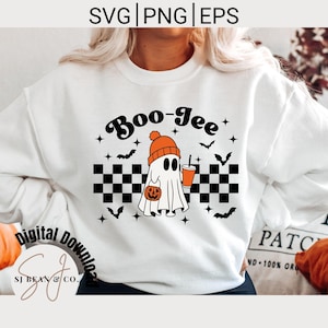 May include: White sweatshirt with a black and white checkered pattern, a ghost wearing a beanie and holding a pumpkin, and the text "Boo-Jee".
