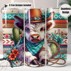 Boho Western Highland Kuh Tumbler Wrap, aztekische Kuh Sublimationsdesign, Cowboy Kuh 20 Unze Skinny Tumble PNG, digitaler Download