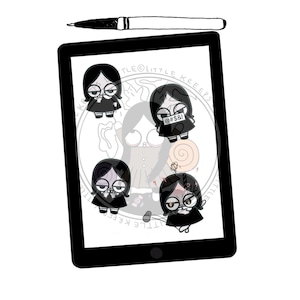 May include: A black and white digital illustration of four cartoon girls with black hair and glasses. The girls are wearing black dresses and white collars. The illustration is on a black tablet screen with a white stylus pen above it. The text "TLE © LITTLE KREEPS" and "@#$&!" are visible in the image.