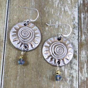 Aztec Sun Earrings, Bronze, Silver and Crystal-Lead Free/Nickel Free