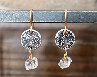 Sun Motif Sterling Silver Herkimer Diamond Earrings