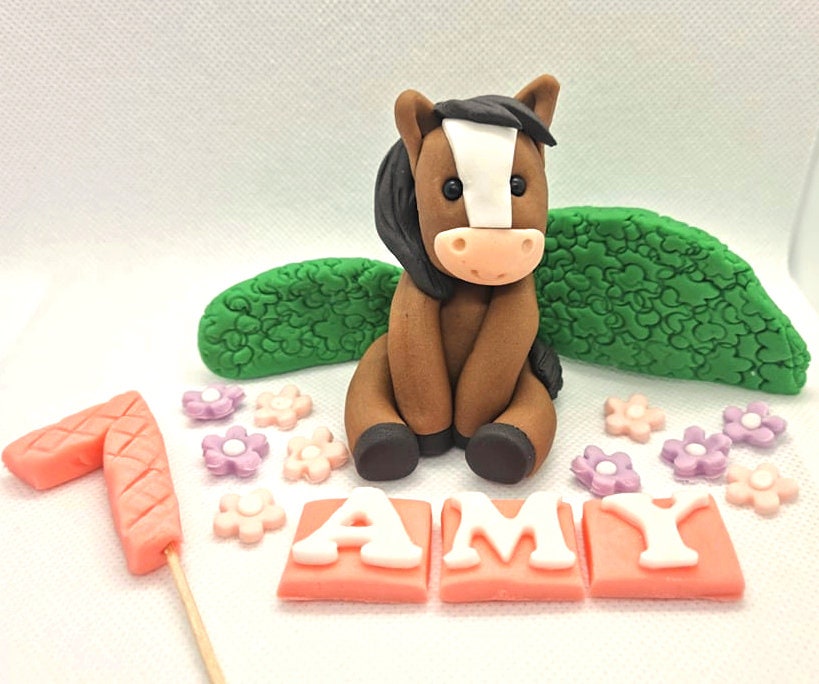 Fondant Pony, Name, Age, Flowers and Hedges Cake Topper, Decoration 