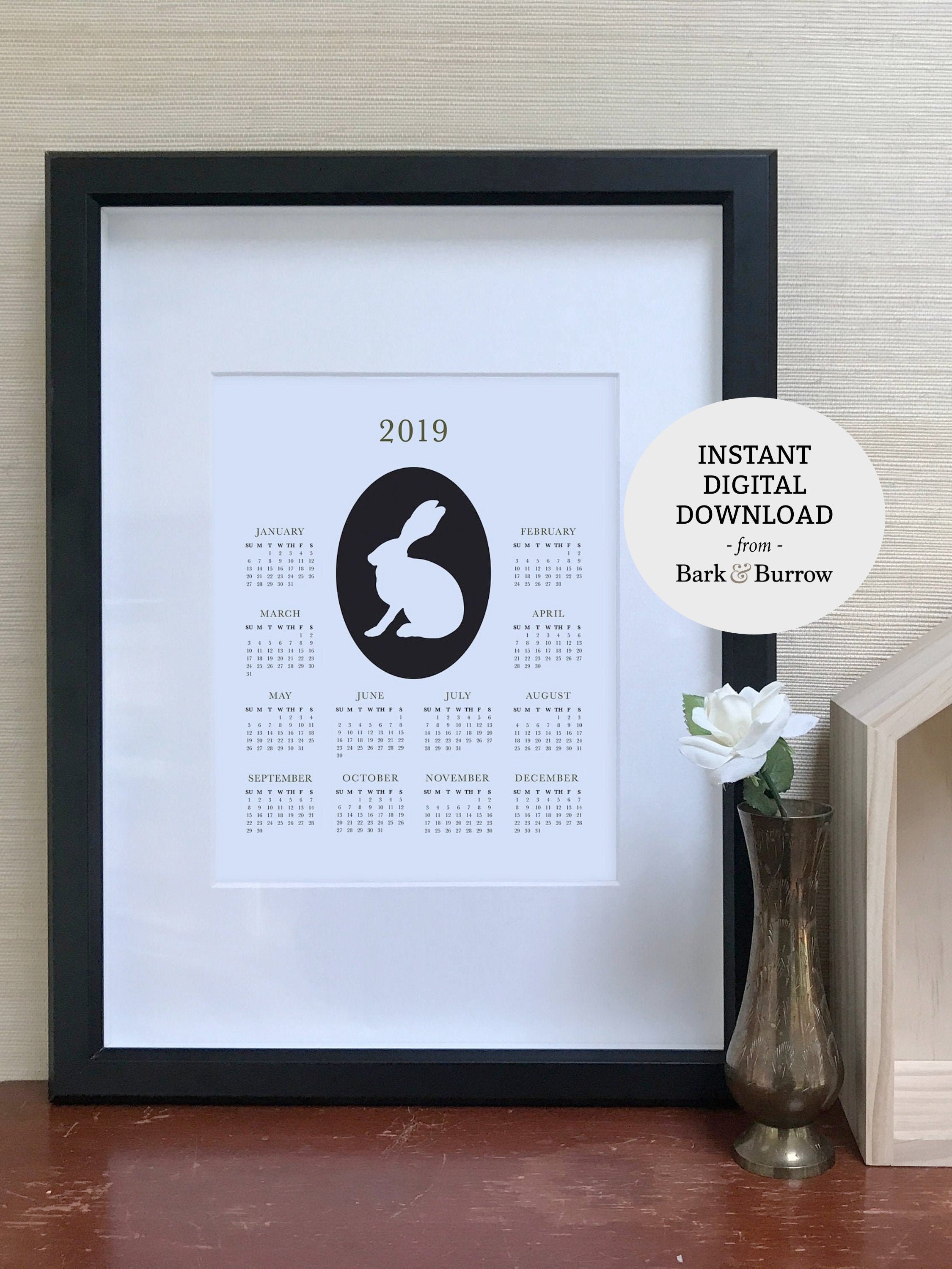 2019 Calendar Jackrabbit Cameo 2019 Year at a Glance Wall Etsy