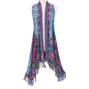 Aqua Fuchsia Long Vest Aqua Fuchsia Boho Embroidered Long Vest Gift For Her Fringe One Size Hand India Duster Casual Jeans Knee Length Coat