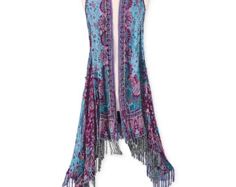 Aqua Fuchsia Long Vest Aqua Fuchsia Boho Embroidered Long Vest Gift For Her Fringe One Size Hand India Duster Casual Jeans Knee Length Coat