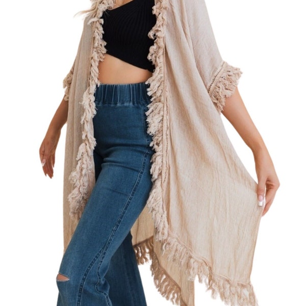 Fringe Ruffle Kimono Sunbleached Cotton Casual 1 Size 0-14 Beach Coverup Beige Off White Womens Travel Wrap Capes Shawls Wraps Gift For Her