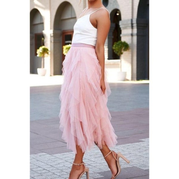 Tulle Skirt Pink Lined Layered Skirt Midi Skirt Tulle Skirt Woman Boho Lace Casual Dressy Long Layered Tiered Gift For Her Spring Holiday