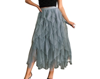 Long Layered Tiered Tulle Skirt Grey Fully Lined Layered Skirt Tier Midi Skirt Long Tulle Skirt A Line Woman Boho Lace Casual Dressy