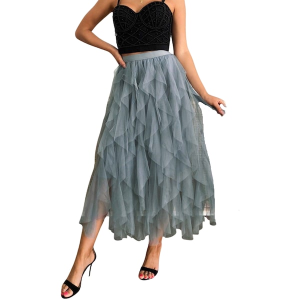 Long Layered Tiered Tulle Skirt Grey Fully Lined Layered Skirt Tier Midi Skirt Long Tulle Skirt A Line Woman Boho Lace Casual Dressy