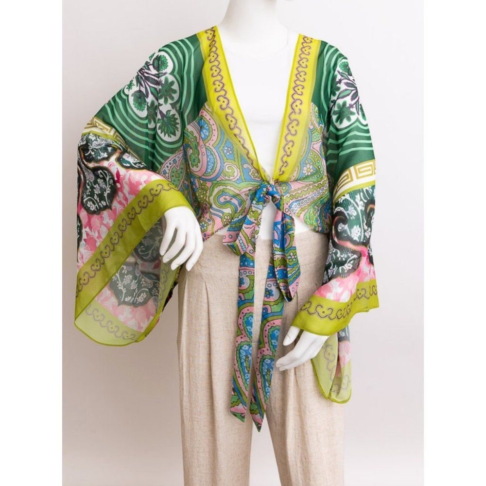 Boho Chic Tie Front Wrap With Armholes Lime Green Pink Layering Beach