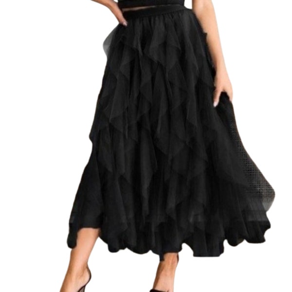 Black Tulle Skirt Long Layered Tiered  Fully Lined Black Layered Skirt Tier Midi Skirt Long Tulle Skirt A Line Woman Boho Lace
