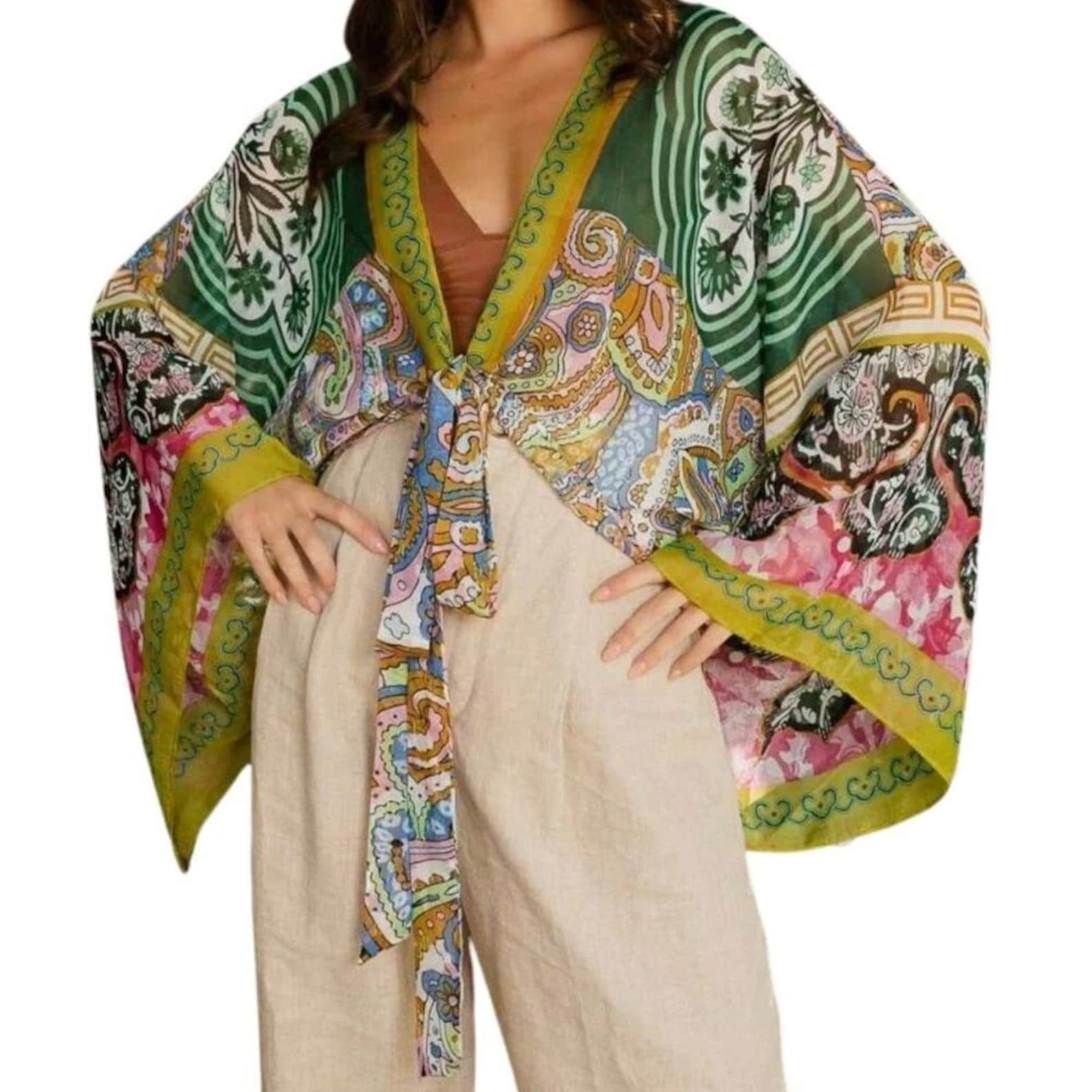 Boho Chic Tie Front Wrap With Armholes Lime Green Pink Layering Beach