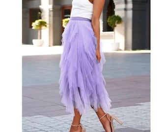 Purple Tulle Skirt Lined Lilac Layered Skirt Tier Midi Skirt Long Tulle Skirt A Line Woman Boho Lace Casual Dressy Spring Holiday Skirt