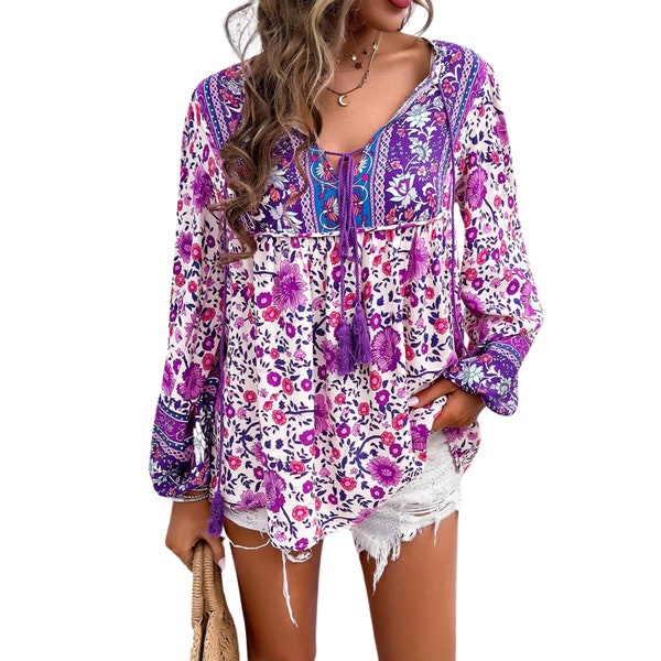 Floral Boho Blouse Top Long Sleeve Top All Over Print Cross Deep V Neckline S-XL Beautiful Purple Blue Mother's Day Blouse Gift For Her
