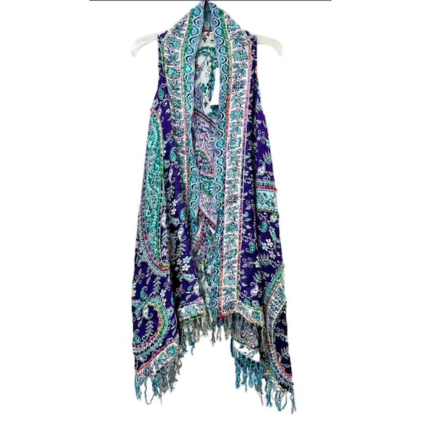 Beautiful Boho Embroidered Long Vest Purple Aqua Teal White Fringe One Size Hand Embroidered India Women Hippie Long Vest Turkish Kimono