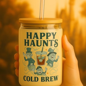 Happy Haunts Cold Brew Glass Cup | Haunted Mansion Halloween Coffee Cup | Spooky Iced Coffee Tumbler | Mickey Not So Scary Halloween