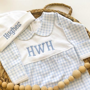 Baby Boy Outfit for Hospital, Personalized Baby Gift, Footie Romper, Gingham Outfit, Monogrammed sleeper, Newborn Photos Gingham w/Hat