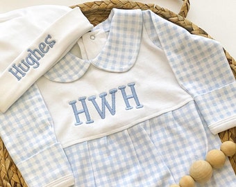 Baby Boy Outfit for Hospital, Personalized Baby Gift, Footie Romper, Gingham Outfit, Monogrammed sleeper, Newborn Photos