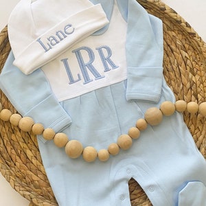 Baby Boy Outfit for Hospital, Personalized Baby Gift, Footie Romper, Gingham Outfit, Monogrammed sleeper, Newborn Photos Solid Blue w/Hat