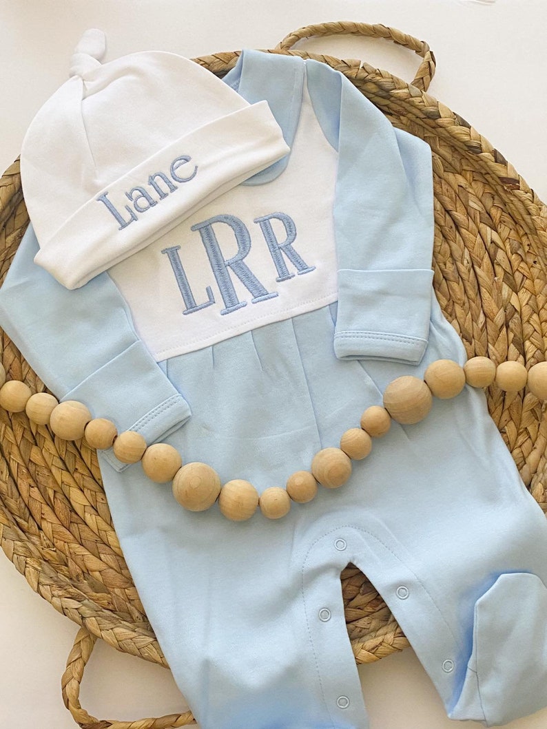 Baby Boy Outfit for Hospital, Personalized Baby Gift, Footie Romper, Gingham Outfit, Monogrammed sleeper, Newborn Photos Solid Blue w/Hat