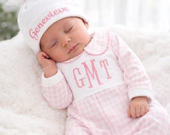 Personalized Newborn coming home outfit girl, Pink Gingham Preppy Collared Footie