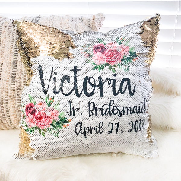 Personalized Jr. Bridesmaid Gift - Junior Bridesmaid or Flower Girl Proposal - Custom Sequin Flower Girl Pillow Cover