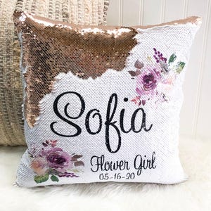 Personalized Sequin Flower Girl Pillow Cover: Lavender Wedding Proposal