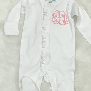Baby Girl Coming Home Outfit, Monogrammed Footie, Ruffle Pajamas image 5
