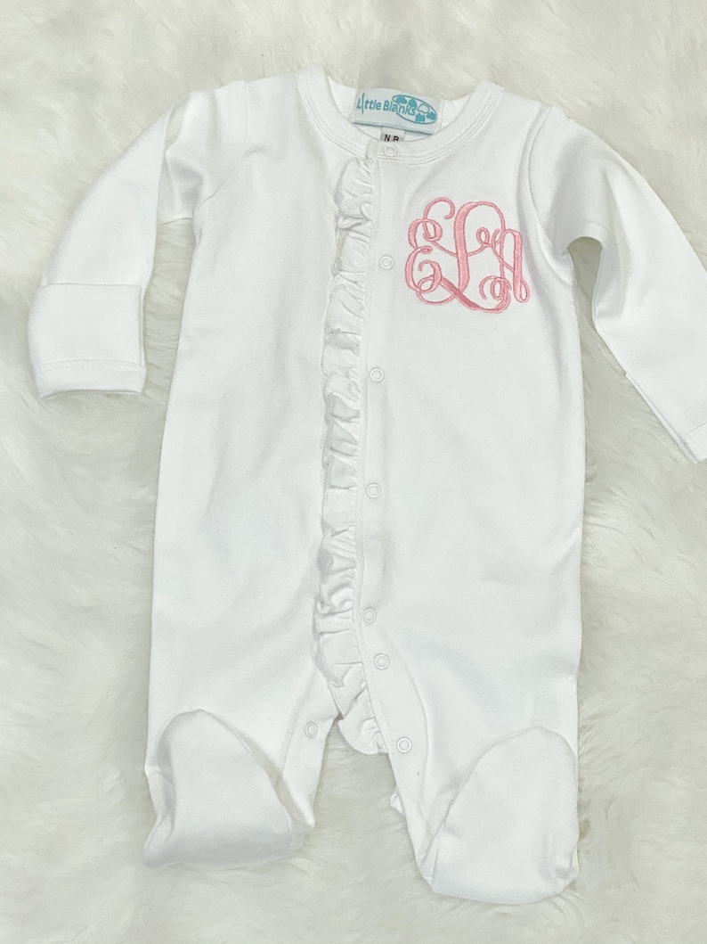 Baby Girl Coming Home Outfit, Monogrammed Footie, Ruffle Pajamas image 5